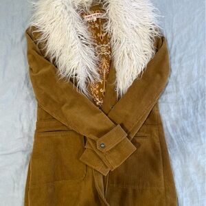 Free People Faux Fur Collar Corduroy Coat with Patterned Lining